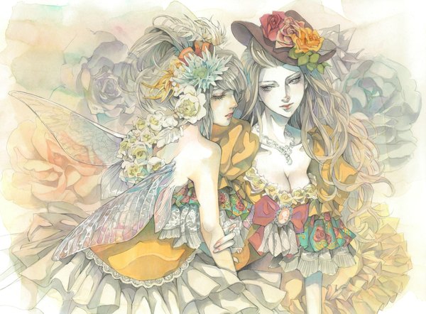 Anime picture 1920x1416 with original memento1113 long hair highres breasts blonde hair bare shoulders multiple girls eyes closed profile hair flower lips grey eyes traditional media watercolor (medium) girl dress hair ornament flower (flowers) bow