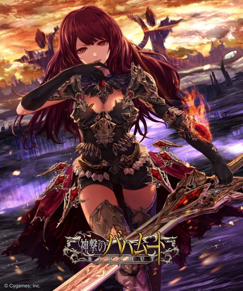 Anime picture 666x800 with shingeki no bahamut jname single long hair tall image looking at viewer smile red eyes holding cloud (clouds) red hair parted lips copyright name floating hair watermark fantasy hand to mouth girl gloves weapon