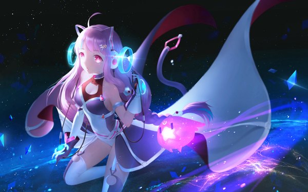Anime picture 1920x1200 with original yijian ma single long hair highres breasts open mouth red eyes standing animal ears looking away pink hair ahoge bent knee (knees) braid (braids) arm up wind cat ears night :o