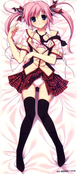 Anime picture 2250x5045 with fumio (ura fmo) single long hair tall image blush highres blue eyes light erotic pink hair scan open clothes open shirt girl thighhighs skirt underwear panties black thighhighs bed