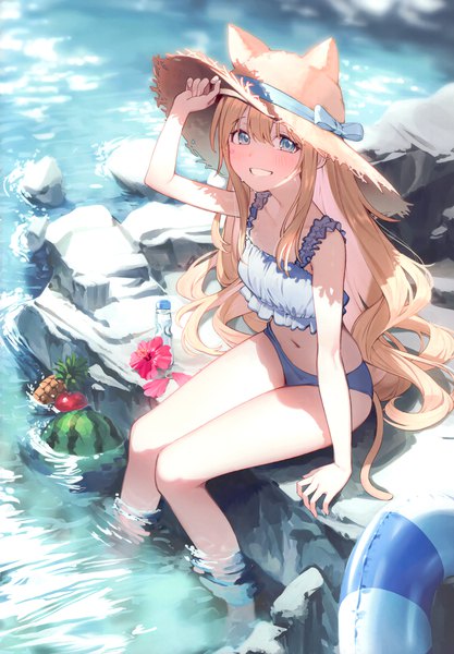 Anime picture 2406x3464 with original nyum single long hair tall image looking at viewer blush fringe highres blue eyes blonde hair hair between eyes sitting animal ears bent knee (knees) outdoors tail animal tail arm up blurry
