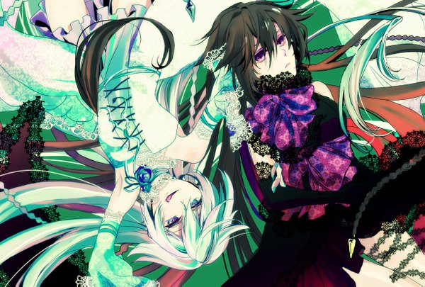 Anime picture 1223x827 with pandora hearts xebec alice (pandora hearts) aoi sakurako long hair black hair purple eyes white hair braid (braids) dual persona girl dress gloves bow detached sleeves elbow gloves tongue black dress rose (roses)