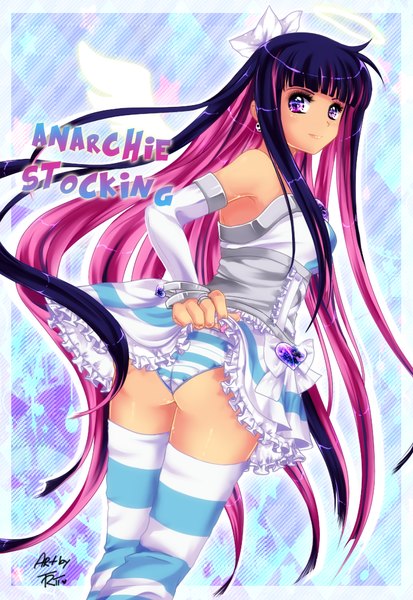 Anime picture 700x1016 with panty & stocking with garterbelt anarchy stocking shinaishadow single tall image light erotic smile bare shoulders pink hair purple hair ass very long hair pink eyes looking back multicolored hair inscription two-tone hair armpit (armpits) colored inner hair girl