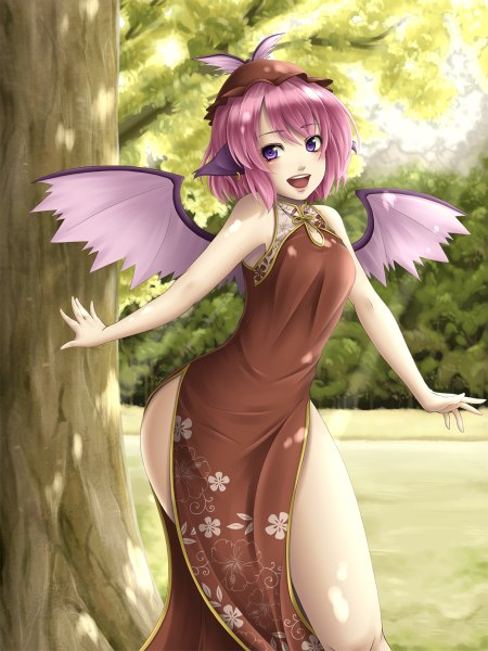 Anime picture 900x1200 with touhou mystia lorelei mochi.f single tall image short hair open mouth purple eyes pink hair pointy ears head wings girl plant (plants) hat wings tree (trees)