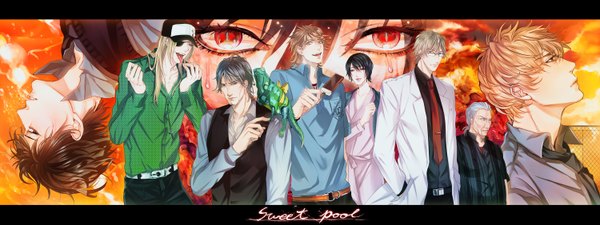 Anime picture 3000x1125 with sweet pool nitro+chiral tagme (character) youji sakiyama tetsuo shironuma mita makoto zenya okinaga kitani kouhei kusari n ba (kigou) long hair highres short hair black hair blonde hair red eyes brown hair wide image looking away white hair grey hair