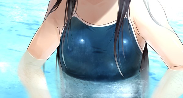 Anime picture 2250x1200 with original wachiwo single long hair highres light erotic black hair wide image bare shoulders wet flat chest close-up head out of frame girl swimsuit water one-piece swimsuit school swimsuit pool