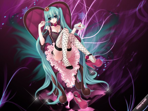 Anime picture 1600x1200 with vocaloid world is mine (vocaloid) hatsune miku nana mikoto single long hair looking at viewer fringe light erotic hair between eyes sitting twintails bare shoulders signed very long hair parted lips aqua eyes aqua hair third-party edit shoe dangle