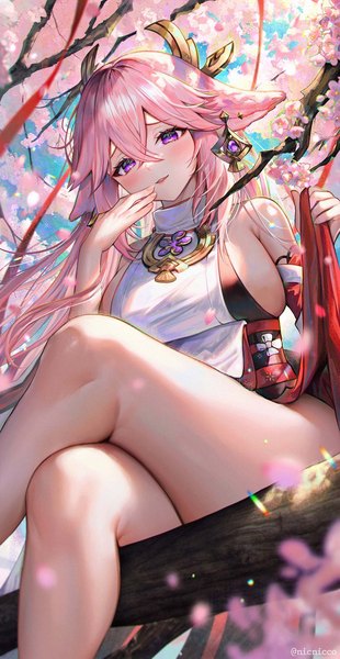 Anime picture 1184x2294 with genshin impact yae miko nicccolee single long hair tall image looking at viewer blush fringe breasts open mouth light erotic smile hair between eyes large breasts sitting purple eyes bare shoulders signed animal ears