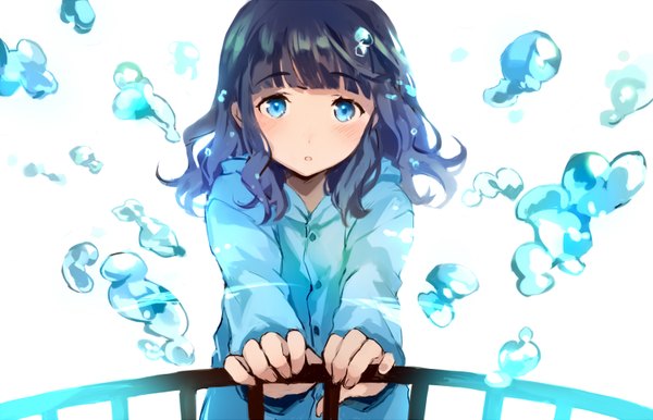 Anime picture 1500x967 with original tan (tangent) single looking at viewer blush fringe short hair blue eyes simple background white background holding blue hair fingernails :o girl hood buttons