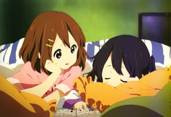 Anime picture 5956x4087 with k-on! kyoto animation nyantype hirasawa yui nakano azusa yamada naoko long hair highres short hair open mouth black hair brown hair brown eyes absurdres lying eyes closed scan official art on stomach sleeping