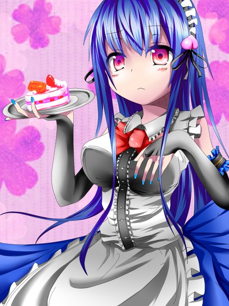 Anime picture 1200x1600 with touhou hinanawi tenshi hybrid (artist) single long hair tall image red eyes blue hair maid girl detached sleeves frills headdress sweets bowtie maid headdress cake