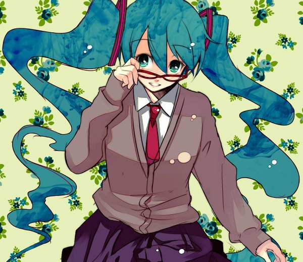 Anime picture 1254x1085 with vocaloid hatsune miku furai (furai127) single looking at viewer blush simple background smile hair between eyes twintails very long hair aqua eyes aqua hair floral background adjusting glasses girl uniform flower (flowers) school uniform glasses