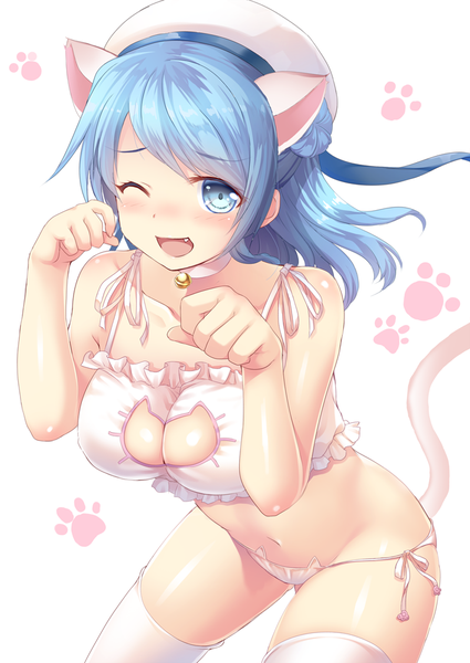 Anime picture 708x1000 with kantai collection urakaze destroyer izumi akane single long hair tall image blush breasts open mouth blue eyes light erotic large breasts white background animal ears blue hair tail animal tail one eye closed cat ears cat girl