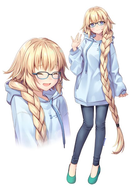 Anime picture 707x1000 with fate (series) fate/grand order jeanne d'arc (fate) (all) jeanne d'arc (fate) geroro tall image looking at viewer blush fringe open mouth blue eyes blonde hair simple background smile hair between eyes white background signed full body braid (braids) eyes closed