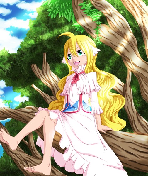Anime picture 3750x4450 with fairy tail mavis vermillion khalilxpirates single long hair tall image blush highres open mouth blonde hair smile green eyes absurdres sky cloud (clouds) ahoge sunlight loli legs coloring