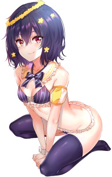 Anime picture 1739x2732 with zombie land saga mappa mizuno ai nyung single tall image fringe highres short hair light erotic hair between eyes red eyes sitting purple hair full body hair flower light smile leaning no shoes leaning forward