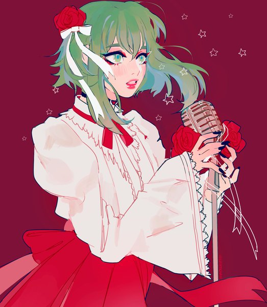 イラスト 1784x2048 と ボーカロイド gumi sofiia drozdova (vacuumch) ソロ 長身像 highres 短い髪 緑の目 signed payot nail polish hair flower green hair lips wide sleeves lipstick red background pink lipstick 黒ネイルカラー makeup