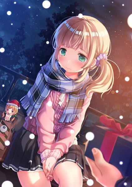 Anime picture 1240x1754 with original ifnil long hair tall image blush fringe blonde hair sitting looking away outdoors blunt bangs pleated skirt aqua eyes night dutch angle tears side ponytail snowing solo focus pov