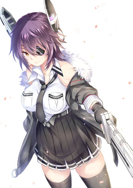 Anime picture 752x1062 with kantai collection tenryuu light cruiser mashiro aa single tall image fringe short hair breasts simple background hair between eyes standing white background bare shoulders holding yellow eyes purple hair long sleeves pleated skirt from above open clothes