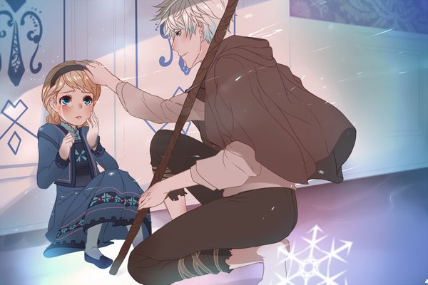 Anime picture 1200x800 with frozen (disney) rise of the guardians disney dreamworks elsa (frozen) jack frost (rise of the guardians) ahoguu long hair blush short hair blue eyes blonde hair silver hair girl dress boy gloves hairband staff teardrop