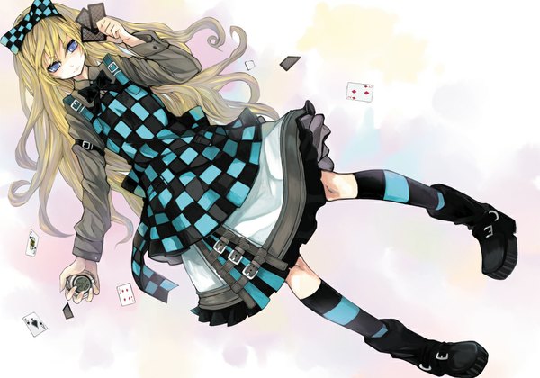 Anime picture 1061x744 with original rage (rojiura) single long hair blue eyes blonde hair checkered girl bow hair bow socks clock card (cards) pocket watch striped socks