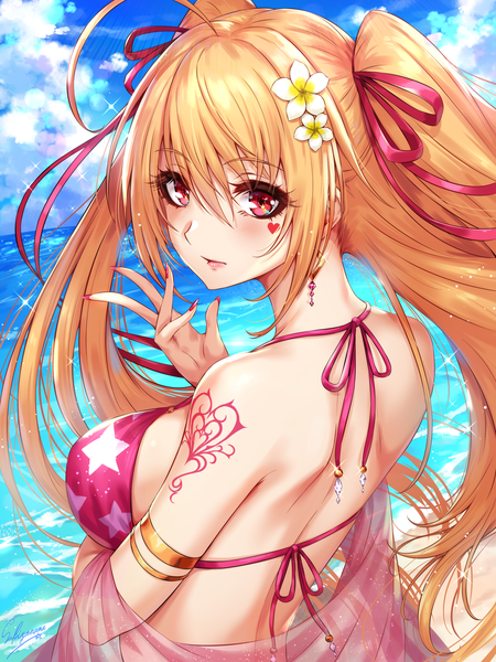 Anime picture 1200x1600 with original sakiyamama single long hair tall image looking at viewer blush fringe breasts light erotic blonde hair hair between eyes red eyes large breasts twintails signed payot sky cloud (clouds) upper body