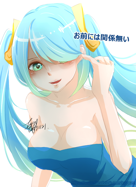 Anime picture 800x1098 with league of legends sona buvelle eggszz single long hair tall image looking at viewer blush fringe breasts light erotic simple background smile large breasts white background twintails bare shoulders green eyes blue hair multicolored hair