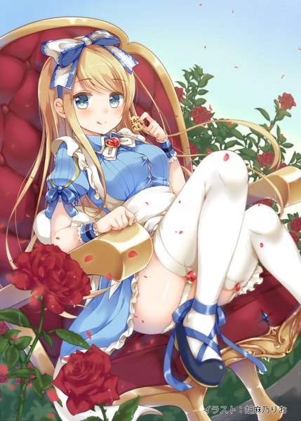 Anime picture 1372x1920 with alice in wonderland alice (wonderland) emilion single long hair tall image looking at viewer blush blue eyes light erotic blonde hair smile white background sitting girl thighhighs dress flower (flowers) bow hair bow