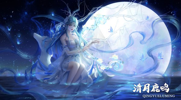 Anime picture 4500x2500 with douluo continent tang wutong (douluo dalu) tagme (artist) single blush highres breasts wide image sitting bare shoulders signed looking away absurdres full body bent knee (knees) very long hair parted lips horn (horns) aqua eyes fingernails