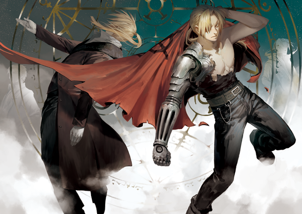 Anime picture 827x585 with fullmetal alchemist studio bones edward elric white-corner long hair fringe blonde hair ponytail hair over one eye multiple boys outstretched arm dual persona silhouette mechanical arms boy gloves belt white gloves 4 boys prosthesis