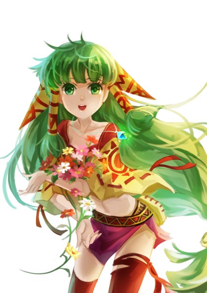 Anime picture 1000x1415 with grandia grandia i feena (grandia) huazha01 single long hair tall image looking at viewer open mouth simple background white background green eyes green hair wind girl thighhighs hair ornament flower (flowers) pendant hair tubes