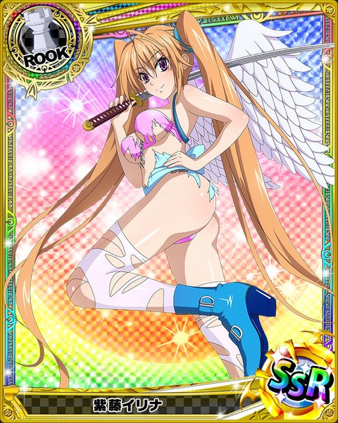 Anime picture 640x800 with highschool dxd shidou irina single tall image looking at viewer light erotic brown hair purple eyes twintails very long hair pantyshot torn clothes card (medium) girl thighhighs underwear panties weapon white thighhighs sword