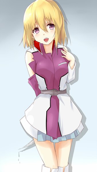 Anime picture 1000x1774 with gundam seed destiny gundam seed stellar loussier saku (kudrove) single tall image looking at viewer blush short hair simple background blonde hair smile purple eyes shadow hands behind back girl skirt weapon boots knife