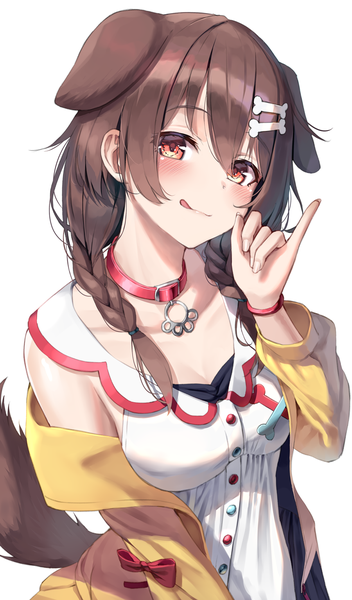 Anime picture 900x1535 with virtual youtuber hololive inugami korone superpig (wlstjqdla) single long hair tall image looking at viewer blush fringe breasts simple background hair between eyes brown hair standing white background brown eyes animal ears tail braid (braids)
