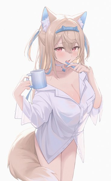 Anime picture 2927x4771 with virtual youtuber hololive hololive english fuwawa abyssgard midori xu single long hair tall image looking at viewer fringe highres breasts open mouth light erotic simple background blonde hair hair between eyes red eyes large breasts white background