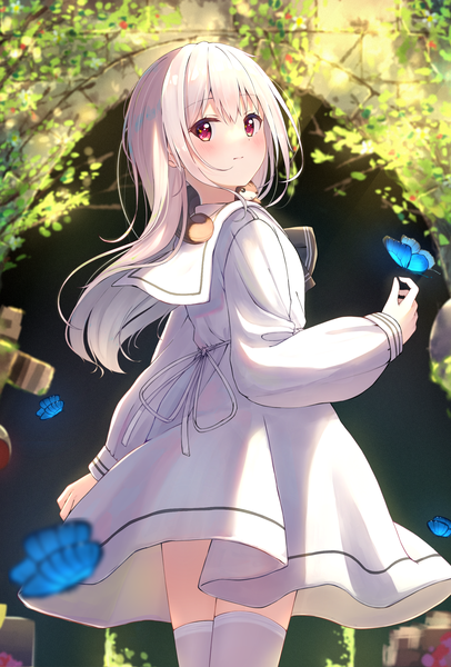 Anime picture 1784x2635 with original n2 (yf33) single long hair tall image fringe highres hair between eyes red eyes standing outdoors white hair looking back sailor collar animal on shoulder butterfly on hand girl thighhighs dress animal