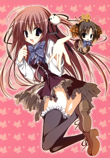 Anime picture 2446x3500 with ebiten anime international company todayama kyouko hanamori hakata inugami kira long hair tall image blush highres open mouth brown hair purple eyes scan zettai ryouiki chibi girl thighhighs skirt uniform hair ornament