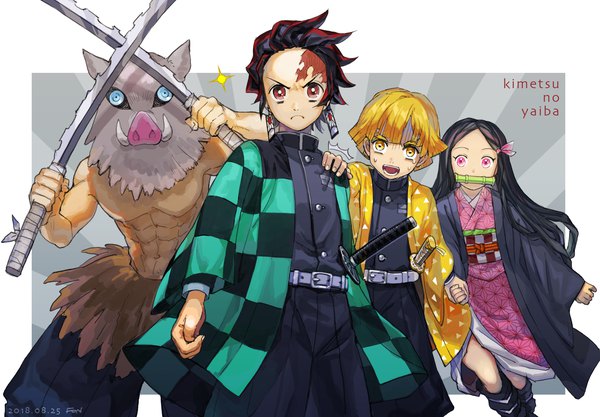 Anime picture 2195x1528 with kimetsu no yaiba ufotable kamado nezuko agatsuma zenitsu kamado tanjirou hashibira inosuke fon-due (fonfon) long hair highres short hair black hair blonde hair red eyes yellow eyes red hair traditional clothes japanese clothes pink eyes multiple boys copyright name