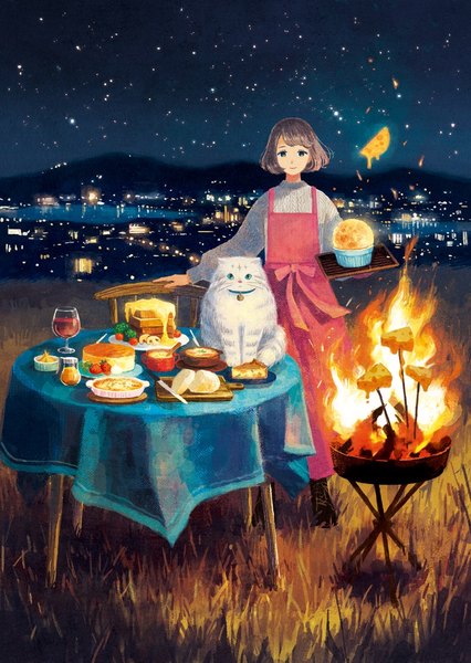 Anime picture 710x1000 with original yuuko (nora0x0) single tall image looking at viewer short hair brown hair standing brown eyes outdoors light smile night night sky city lights cooking girl plant (plants) animal food sweets