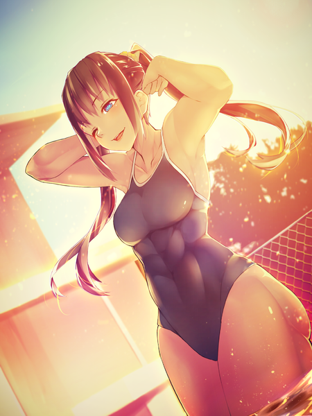 Anime picture 1500x2000 with original bonkiru single long hair tall image blush fringe breasts open mouth blue eyes light erotic brown hair large breasts twintails bare shoulders payot looking away sky outdoors sunlight