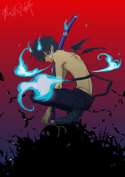 Anime picture 2508x3541 with ao no exorcist a-1 pictures okumura rin hiromu (garakuta) single tall image highres short hair blue eyes signed glowing topless squat red background demon tail demon wings demon boy weapon sword