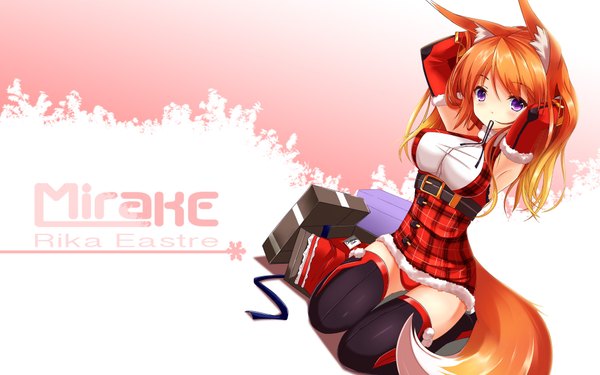 Anime picture 1920x1200 with original rika eastre fatkewell single long hair highres wide image purple eyes orange hair fox ears fox tail girl thighhighs gloves black thighhighs elbow gloves gift