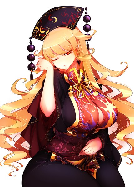 Anime picture 1287x1800 with touhou junko (touhou) raptor7 single long hair tall image looking at viewer breasts light erotic simple background blonde hair red eyes large breasts white background sitting head tilt one eye closed wavy hair girl earrings