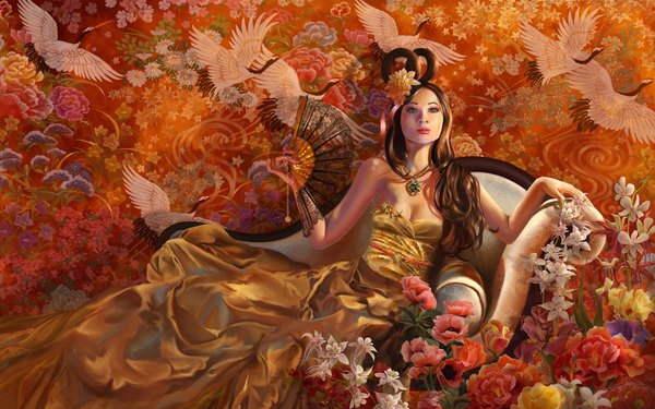 Anime picture 1920x1200 with nenethomas single long hair highres brown hair wide image hair flower realistic dress hair ornament flower (flowers) animal bird (birds) pendant jewelry fan