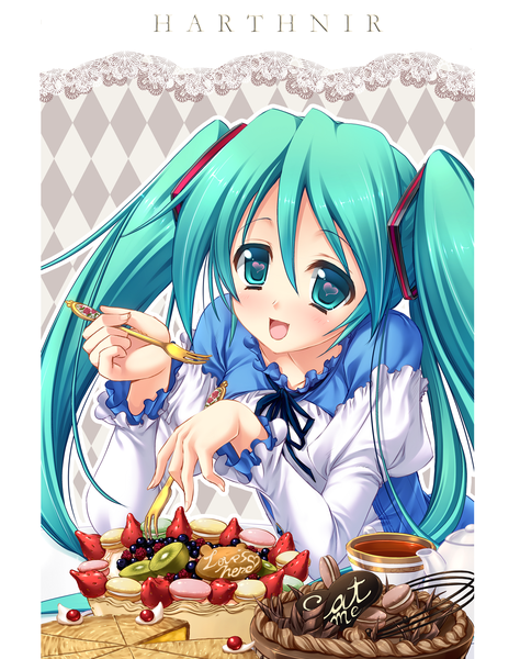 Anime picture 1187x1500 with vocaloid hatsune miku misakura nankotsu single tall image looking at viewer blush open mouth twintails very long hair aqua eyes aqua hair girl hair ornament food sweets cake