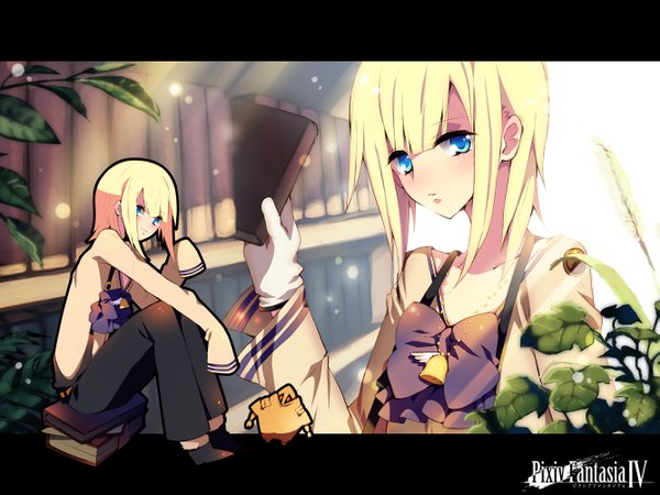 Anime picture 1333x1000 with original pixiv fantasia pixiv fantasia iv rugo looking at viewer blush short hair blue eyes blonde hair smile sitting long sleeves dual persona girl gloves plant (plants) book (books) bell overalls