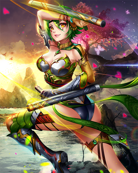 Anime picture 900x1125 with lldarkart single tall image looking at viewer short hair breasts light erotic smile yellow eyes cleavage bent knee (knees) ass green hair light smile lips cherry blossoms glow girl plant (plants) animal