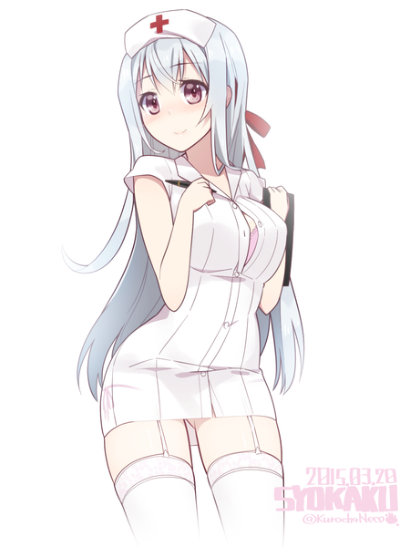 Anime picture 1200x1600 with kantai collection shoukaku aircraft carrier kuro chairo no neko single long hair tall image blush fringe breasts light erotic simple background smile large breasts standing white background signed looking away silver hair pink eyes light smile
