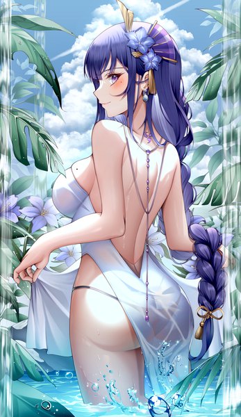 Anime picture 1080x1868 with genshin impact raiden shogun ssong2 single long hair tall image looking at viewer blush fringe breasts light erotic smile large breasts purple eyes sky purple hair cloud (clouds) outdoors ass braid (braids)