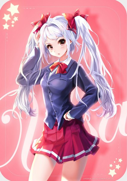 Anime picture 700x990 with original sera (kpj11) single long hair tall image blush twintails white hair pleated skirt pink eyes hand on hip adjusting hair pink background girl skirt uniform bow hair bow school uniform bowtie